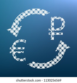 Currency exchange sign. Euro and Russia Ruble. Vector. White textured icon at lapis lazuli gradient background.