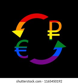 Currency exchange sign. Euro and Russia Ruble. Vector. Icon with colors of LGBT flag at black background.