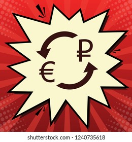 Currency exchange sign. Euro and Russia Ruble. Vector. Dark red icon in lemon chiffon shutter bubble at red popart background with rays.