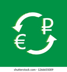 Currency exchange sign. Euro and Russia Ruble. Vector. White flat icon with yellow striped shadow at green background.