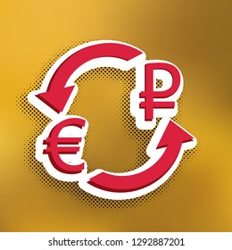 Currency exchange sign. Euro and Russia Ruble. Vector. Magenta icon with darker shadow, white sticker and black popart shadow on golden background.