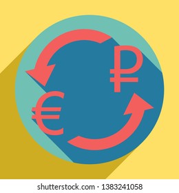 Currency exchange sign. Euro and Russia Ruble. Sunset orange icon with llapis lazuli shadow inside medium aquamarine circle with different goldenrod shadow at royal yellow background.