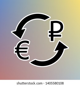 Currency exchange sign. Euro and Russia Ruble. Black icon in white shell at pastel color background. Illustration.