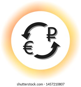 Currency exchange sign. Euro and Russia Ruble. Dark icon with shadow on the glowing circle button. Illustration.