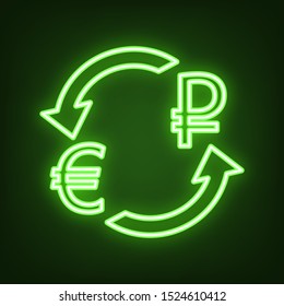Currency exchange sign. Euro and Russia Ruble. Green neon icon in the dark. Blurred lightening. Illustration.