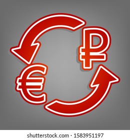 Currency exchange sign. Euro and Russia Ruble. Flat red icon with linear white icon with gray shadow at grayish background. Illustration.