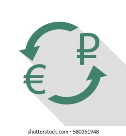 Currency exchange sign. Euro and Russia Rouble. Veridian icon with flat style shadow path.