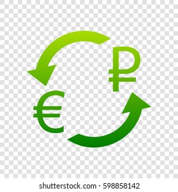 Currency exchange sign. Euro and Russia Rouble. Vector. Green gradient icon on transparent background.