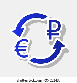 Currency exchange sign. Euro and Russia Rouble. Vector. New year bluish icon with outside stroke and gray shadow on light gray background.