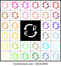 Currency exchange sign. Euro and Russia Ruble. Vector. Felt-pen 33 colorful icons at white and black backgrounds. Colorfull.