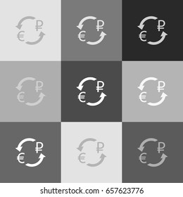 Currency exchange sign. Euro and Russia Ruble. Vector. Grayscale version of Popart-style icon.