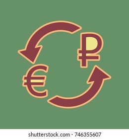 Currency exchange sign. Euro and Russia Ruble. Vector. Cordovan icon and mellow apricot halo with light khaki filled space at russian green background.