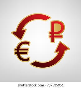 Currency exchange sign. Euro and Russia Ruble. Vector. Red icon on gold sticker at light gray background.