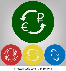 Currency exchange sign. Euro and Russia Ruble. Vector. 4 white styles of icon at 4 colored circles on light gray background.