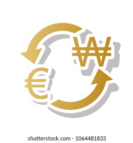 Currency exchange sign. Euro and South Korea Won. Vector. Golden gradient icon with white contour and rotated gray shadow at white background.