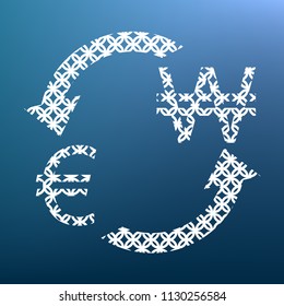 Currency exchange sign. Euro and South Korea Won. Vector. White textured icon at lapis lazuli gradient background.