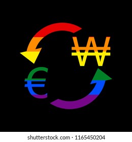 Currency exchange sign. Euro and South Korea Won. Vector. Icon with colors of LGBT flag at black background.