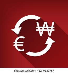 Currency exchange sign. Euro and South Korea Won. Vector. White icon with limitless shadow at ruby red background.