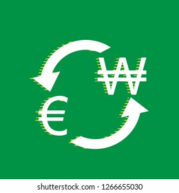 Currency exchange sign. Euro and South Korea Won. Vector. White flat icon with yellow striped shadow at green background.