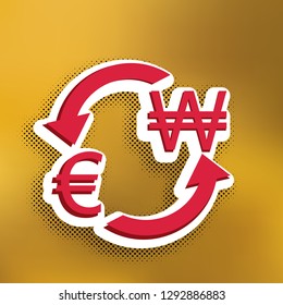 Currency exchange sign. Euro and South Korea Won. Vector. Magenta icon with darker shadow, white sticker and black popart shadow on golden background.