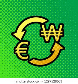 Currency exchange sign. Euro and South Korea Won. Vector. Pop art orange to yellow dots-gradient icon with black contour at greenish background.