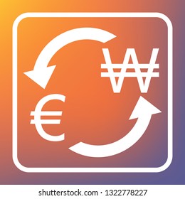 Currency exchange sign. Euro and South Korea Won. Vector. White icon on transparent button at orange-violet gradient background.