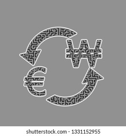 Currency exchange sign. Euro and South Korea Won. Vector. Black maze filled icon with white border at gray background.