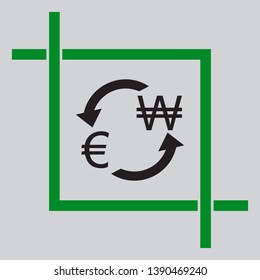 Currency exchange sign. Euro and South Korea Won. Black icon inside green crop tool at light gray background