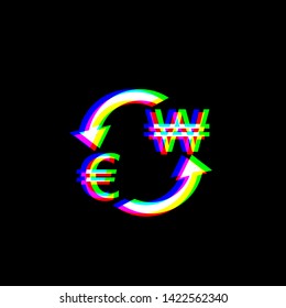 Currency exchange sign. Euro and South Korea Won. Red, green and blue unfocused contour icon at black background. Illustration.