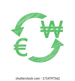 Currency exchange sign. Euro and South Korea Won. Green scribble Icon with solid contour on white background. Illustration.
