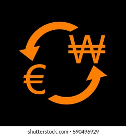 Currency exchange sign. Euro and South Korea Won. Orange icon on black background.