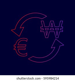 Currency exchange sign. Euro and South Korea Won. Vector. Line icon with gradient from red to violet colors on dark blue background.