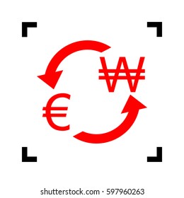 Currency exchange sign. Euro and South Korea Won. Vector. Red icon inside black focus corners on white background. Isolated.