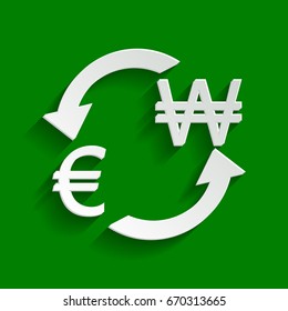 Currency exchange sign. Euro and South Korea Won. Vector. Paper whitish icon with soft shadow on green background.