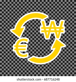 Currency exchange sign. Euro and South Korea Won. Vector. Yellow icon with white contour on dark transparent background.