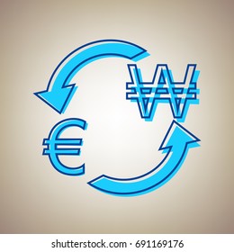 Currency exchange sign. Euro and South Korea Won. Vector. Sky blue icon with defected blue contour on beige background.