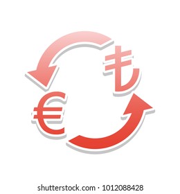 Currency exchange sign. Euro and Turkey Lira. Vector. Reddish icon with white and gray shadow on white background. Isolated.