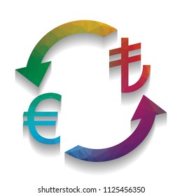 Currency exchange sign. Euro and Turkey Lira. Vector. Colorful icon with bright texture of mosaic with soft shadow on white background. Isolated.