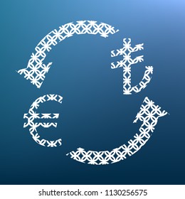 Currency exchange sign. Euro and Turkey Lira. Vector. White textured icon at lapis lazuli gradient background.