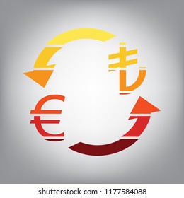 Currency exchange sign. Euro and Turkey Lira. Vector. Horizontally sliced icon with colors from sunny gradient in gray background.
