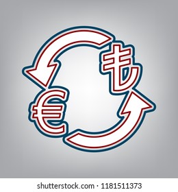 Currency exchange sign. Euro and Turkey Lira. Vector. Dark red, transparent and midnight green stroke of white icon at grayish background.