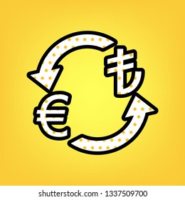 Currency exchange sign. Euro and Turkey Lira. Vector. Yellow polka dot white icon with black contour at warm yellow background.