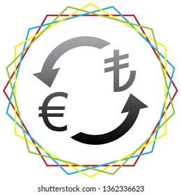 Currency exchange sign. Euro and Turkey Lira. Vector. Black icon with patch of light inside colorful hexagonal frames at white background.