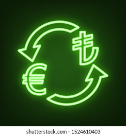 Currency exchange sign. Euro and Turkey Lira. Green neon icon in the dark. Blurred lightening. Illustration.
