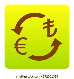 Currency exchange sign. Euro and Turkey Lira. Vector. Brown icon at green-yellow gradient square with rounded corners on white background. Isolated.