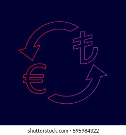 Currency exchange sign. Euro and Turkey Lira. Vector. Line icon with gradient from red to violet colors on dark blue background.