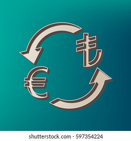 Currency exchange sign. Euro and Turkey Lira. Vector. Icon printed at 3d on sea color background.