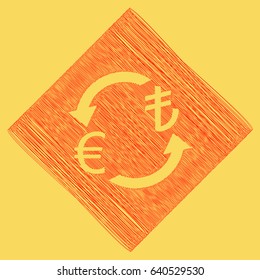 Currency exchange sign. Euro and Turkey Lira. Vector. Red scribble icon obtained as a result of subtraction rhomb and path. Royal yellow background.