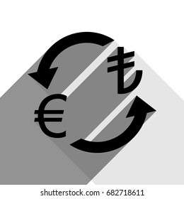 Currency exchange sign. Euro and Turkey Lira. Vector. Black icon with two flat gray shadows on white background.