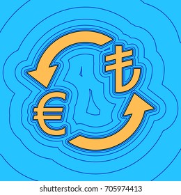 Currency exchange sign. Euro and Turkey Lira. Vector. Sand color icon with black contour and equidistant blue contours like field at sky blue background. Like waves on map - island in ocean or sea.